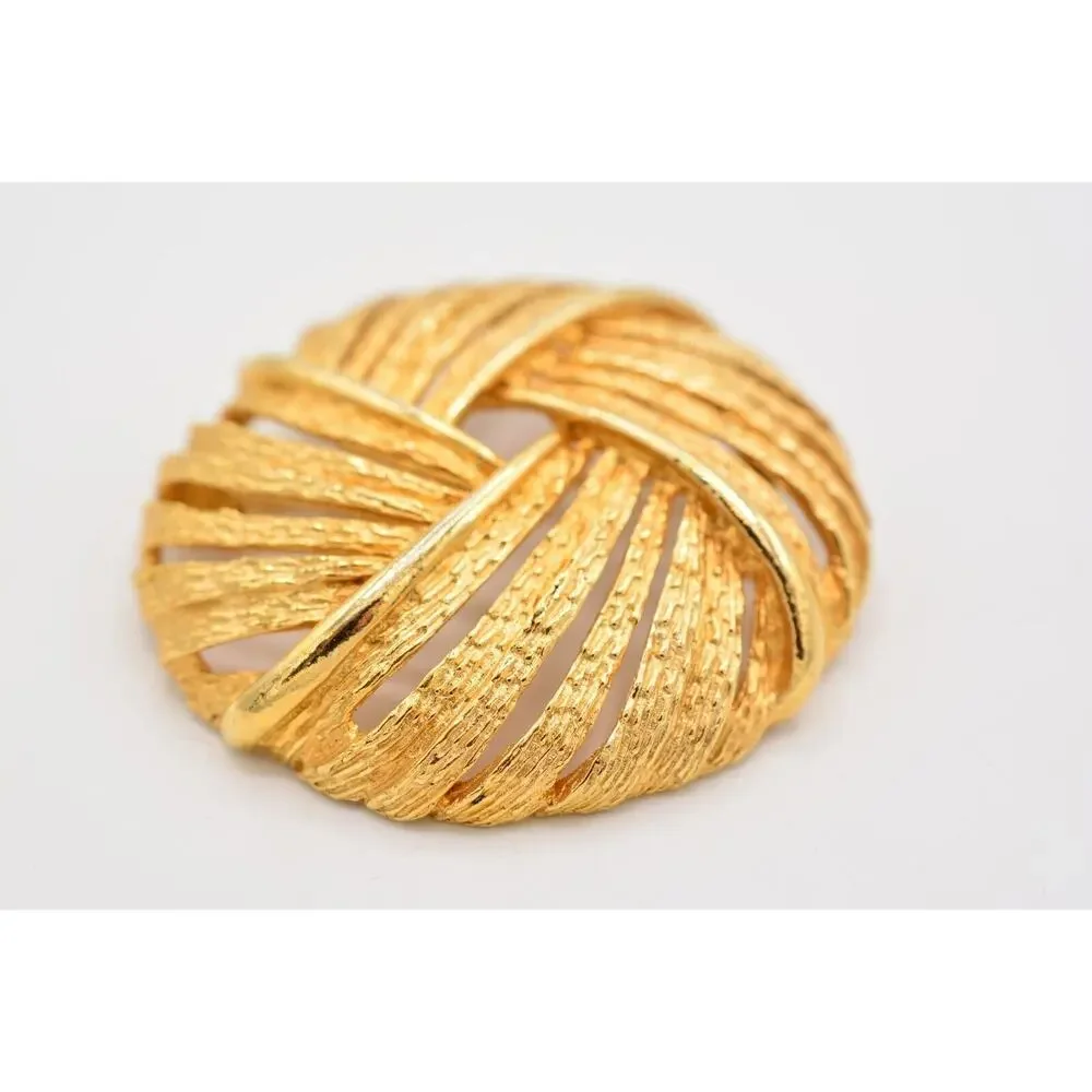 Art Vintage Round Pin Brooch Brushed Textured Gold Signed Chunky 1950s Bin4